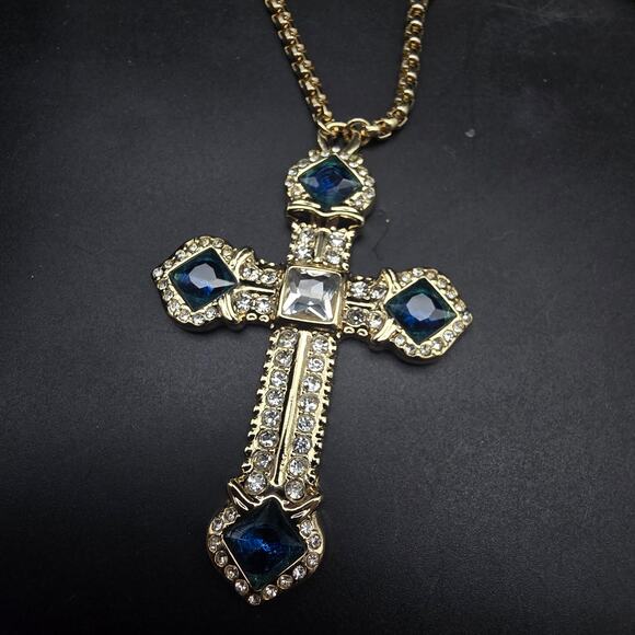 JTV Off Park Collection Blue Rhinestone Cross Necklace Gold Tone LONG - Picture 1 of 10